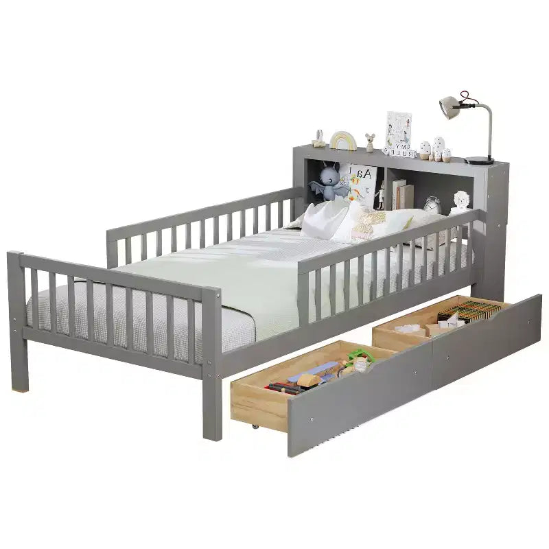 MAYEERTY Letto Singolo con Testiera Contenitore, Scaffale Contenitore, Due Cassetti Sotto Letto, Tre Sponde Laterali per Camera da Letto, Grigio