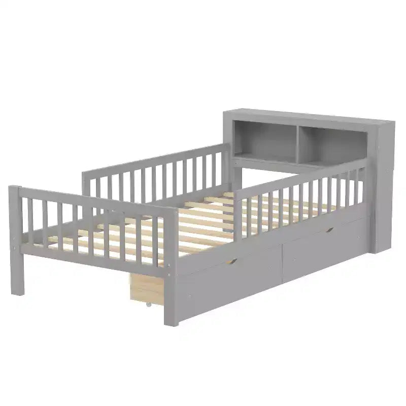 MAYEERTY Letto Singolo con Testiera Contenitore, Scaffale Contenitore, Due Cassetti Sotto Letto, Tre Sponde Laterali per Camera da Letto, Grigio