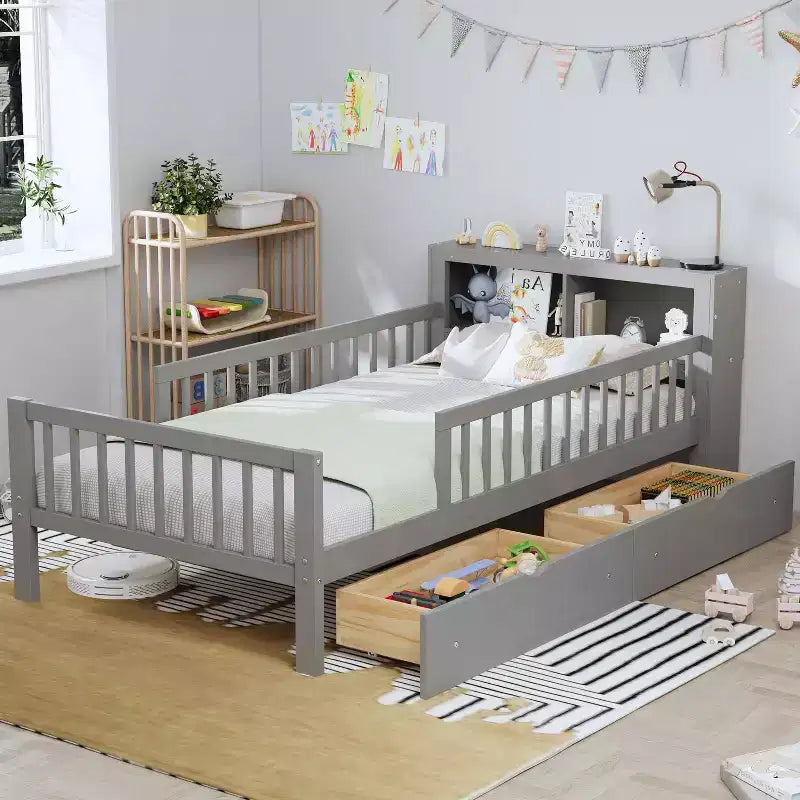 MAYEERTY Letto Singolo con Testiera Contenitore, Scaffale Contenitore, Due Cassetti Sotto Letto, Tre Sponde Laterali per Camera da Letto, Grigio