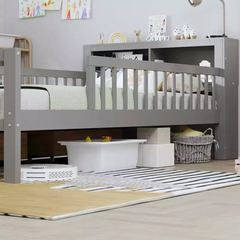 MAYEERTY Letto Singolo con Testiera Contenitore, Scaffale Contenitore, Due Cassetti Sotto Letto, Tre Sponde Laterali per Camera da Letto, Grigio