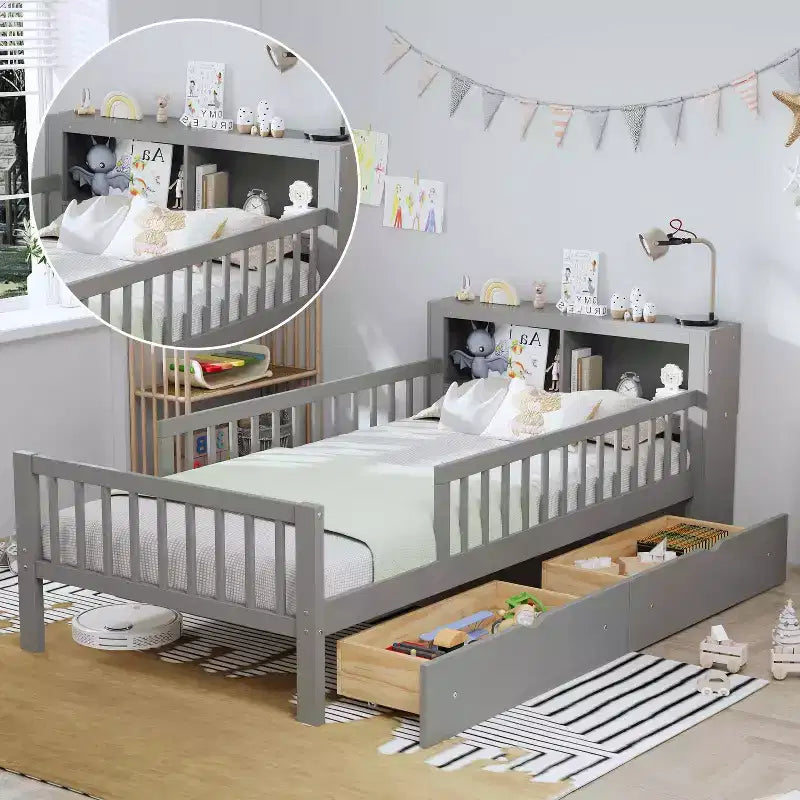 MAYEERTY Letto Singolo con Testiera Contenitore, Scaffale Contenitore, Due Cassetti Sotto Letto, Tre Sponde Laterali per Camera da Letto, Grigio