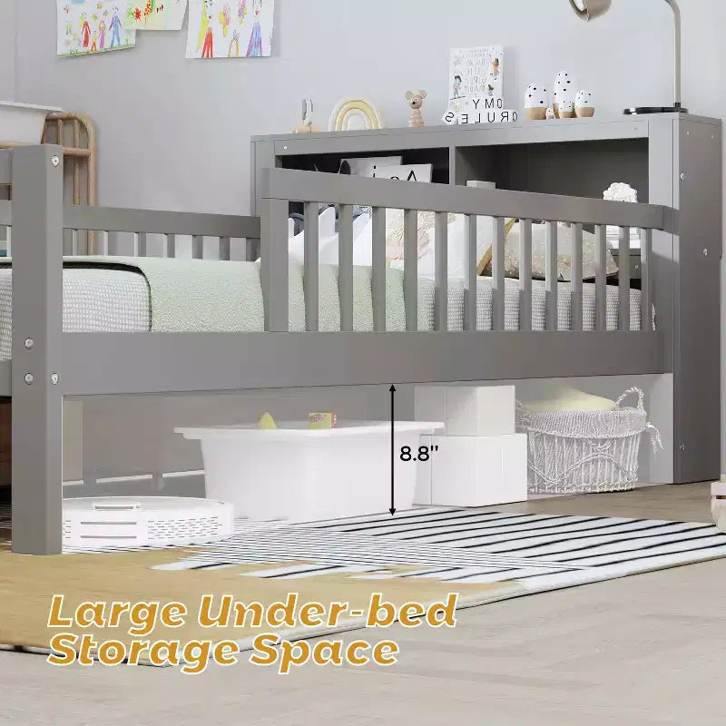 MAYEERTY Letto Singolo con Testiera Contenitore, Scaffale Contenitore, Due Cassetti Sotto Letto, Tre Sponde Laterali per Camera da Letto, Grigio