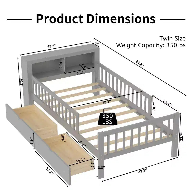 MAYEERTY Letto Singolo con Testiera Contenitore, Scaffale Contenitore, Due Cassetti Sotto Letto, Tre Sponde Laterali per Camera da Letto, Grigio