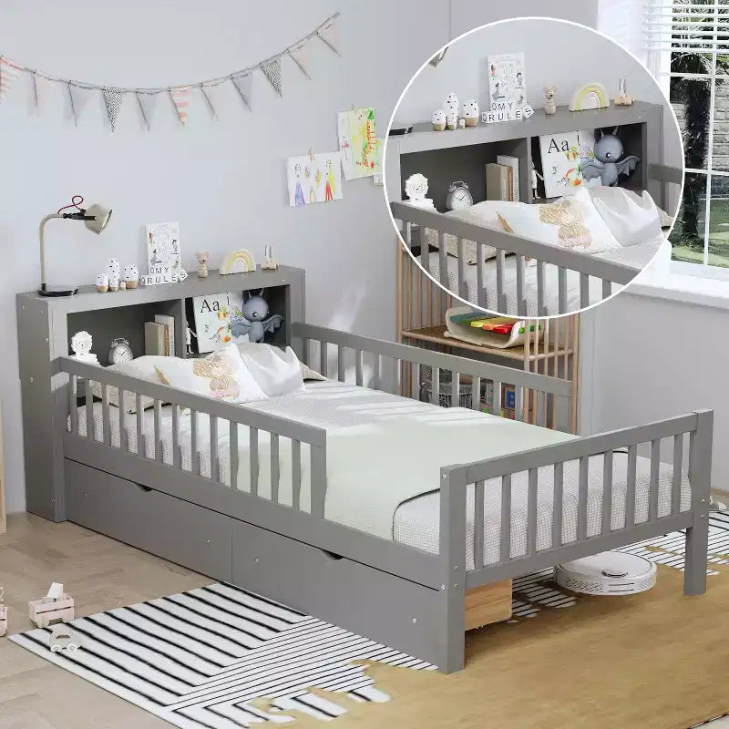 MAYEERTY Letto Singolo con Testiera Contenitore, Scaffale Contenitore, Due Cassetti Sotto Letto, Tre Sponde Laterali per Camera da Letto, Grigio