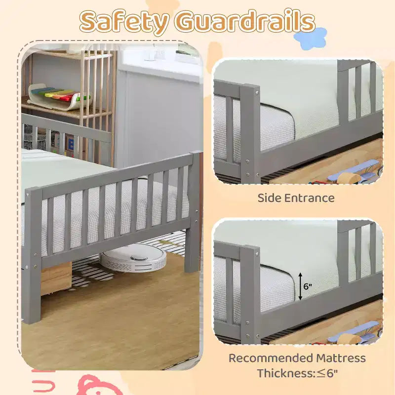 MAYEERTY Letto Singolo con Testiera Contenitore, Scaffale Contenitore, Due Cassetti Sotto Letto, Tre Sponde Laterali per Camera da Letto, Grigio