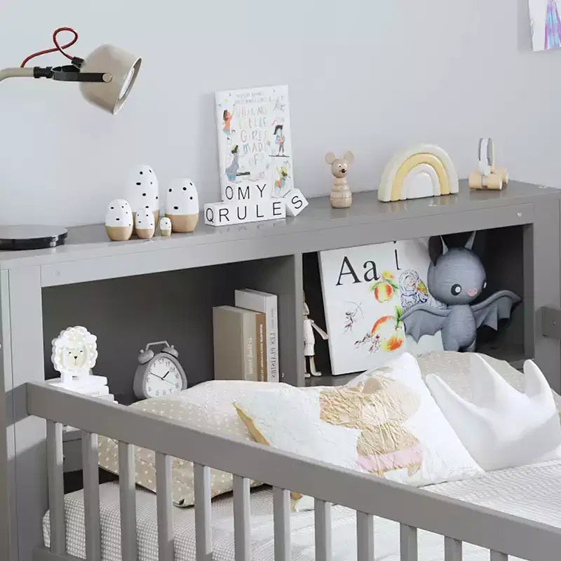 MAYEERTY Letto Singolo con Testiera Contenitore, Scaffale Contenitore, Due Cassetti Sotto Letto, Tre Sponde Laterali per Camera da Letto, Grigio
