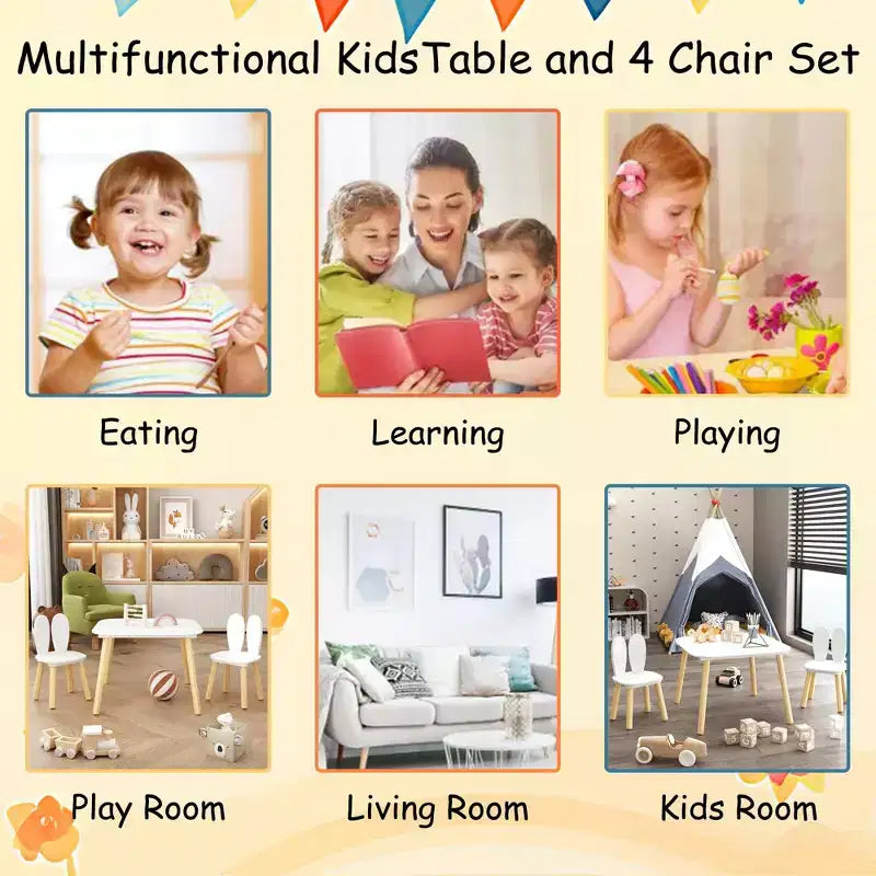 Set Tavolo e 2 Sedie per Bambini Etokfoks Design Orecchie di Coniglio Legno Massello Bianco Tavolo 60x60x44 cm Sedie 27x27x50 cm
