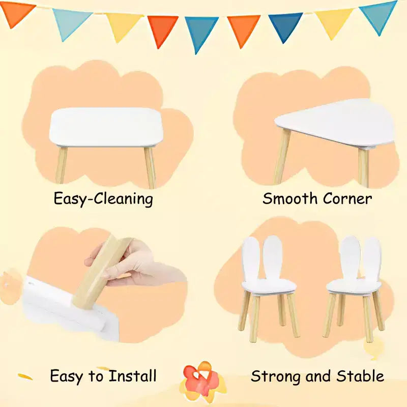 Set Tavolo e 2 Sedie per Bambini Etokfoks Design Orecchie di Coniglio Legno Massello Bianco Tavolo 60x60x44 cm Sedie 27x27x50 cm