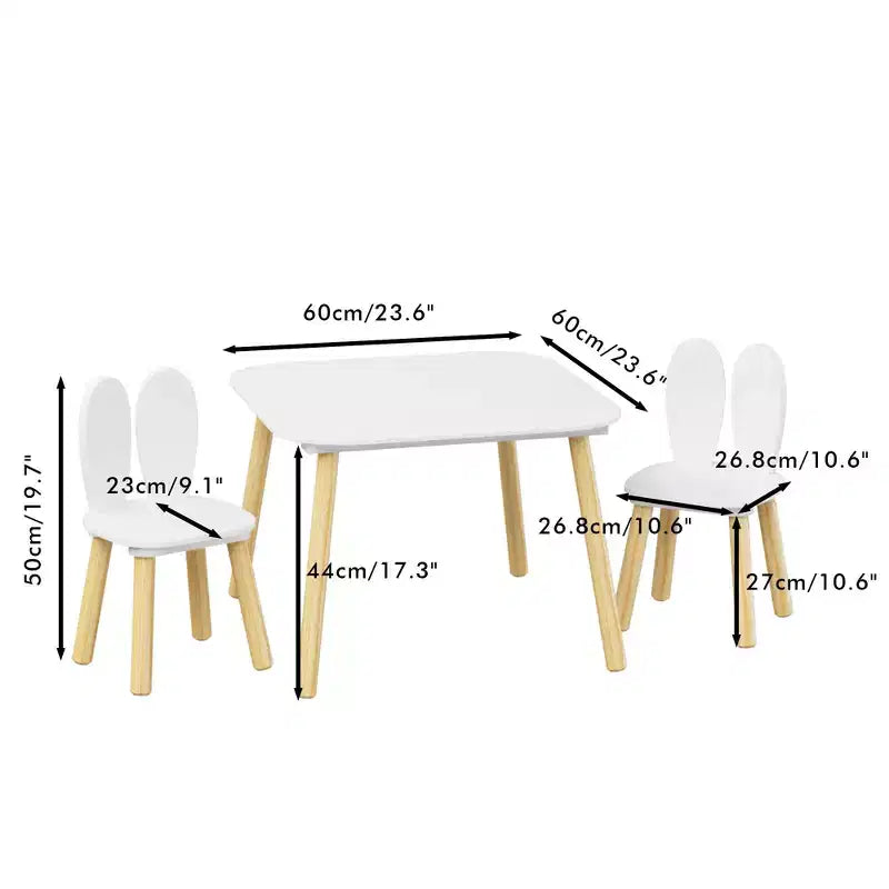 Set Tavolo e 2 Sedie per Bambini Etokfoks Design Orecchie di Coniglio Legno Massello Bianco Tavolo 60x60x44 cm Sedie 27x27x50 cm