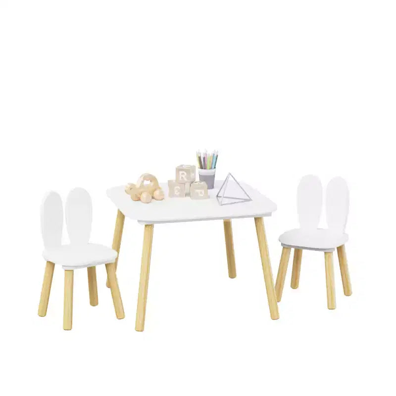 Set Tavolo e 2 Sedie per Bambini Etokfoks Design Orecchie di Coniglio Legno Massello Bianco Tavolo 60x60x44 cm Sedie 27x27x50 cm