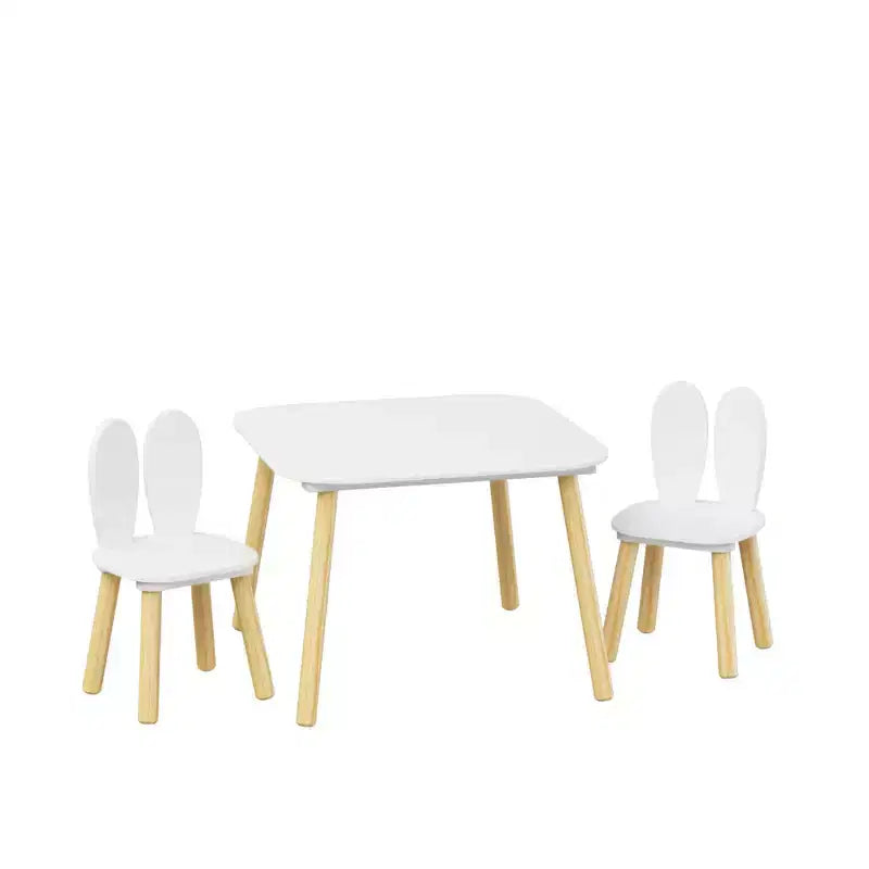 Set Tavolo e 2 Sedie per Bambini Etokfoks Design Orecchie di Coniglio Legno Massello Bianco Tavolo 60x60x44 cm Sedie 27x27x50 cm