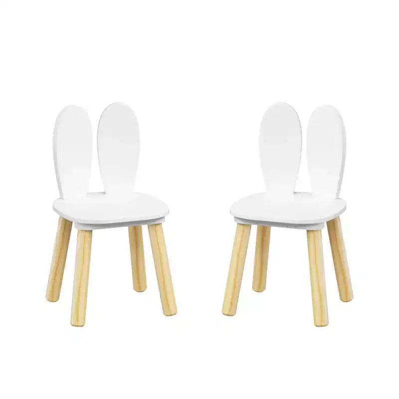 Set Tavolo e 2 Sedie per Bambini Etokfoks Design Orecchie di Coniglio Legno Massello Bianco Tavolo 60x60x44 cm Sedie 27x27x50 cm