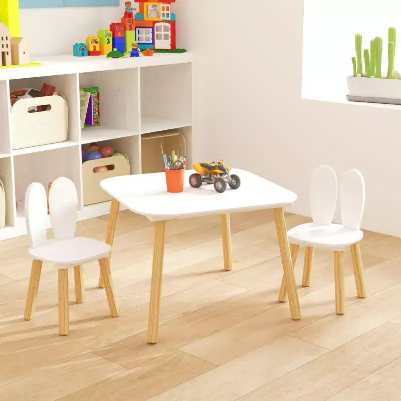 Set Tavolo e 2 Sedie per Bambini Etokfoks Design Orecchie di Coniglio Legno Massello Bianco Tavolo 60x60x44 cm Sedie 27x27x50 cm
