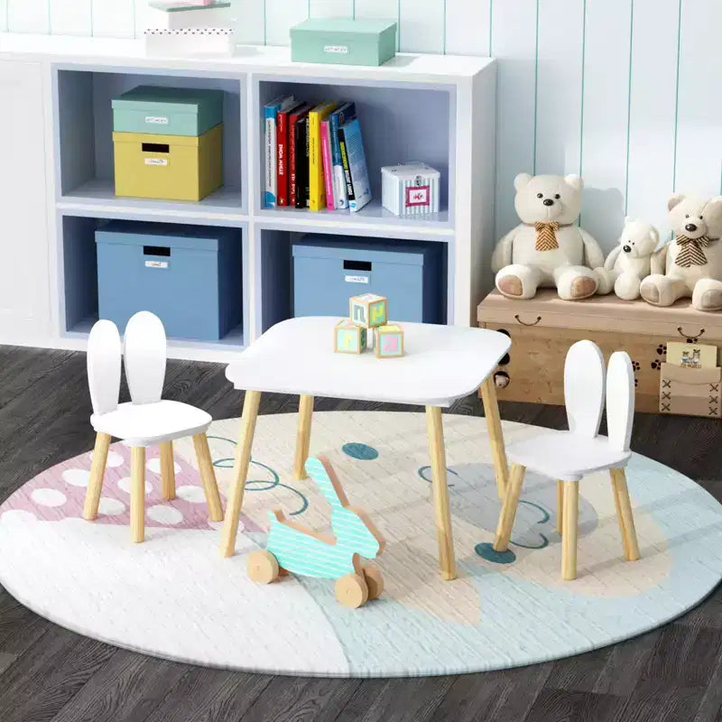 Set Tavolo e 2 Sedie per Bambini Etokfoks Design Orecchie di Coniglio Legno Massello Bianco Tavolo 60x60x44 cm Sedie 27x27x50 cm