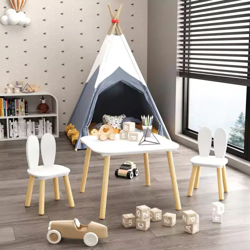 Set Tavolo e 2 Sedie per Bambini Etokfoks Design Orecchie di Coniglio Legno Massello Bianco Tavolo 60x60x44 cm Sedie 27x27x50 cm