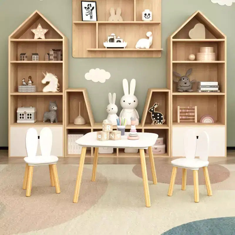 Set Tavolo e 2 Sedie per Bambini Etokfoks Design Orecchie di Coniglio Legno Massello Bianco Tavolo 60x60x44 cm Sedie 27x27x50 cm