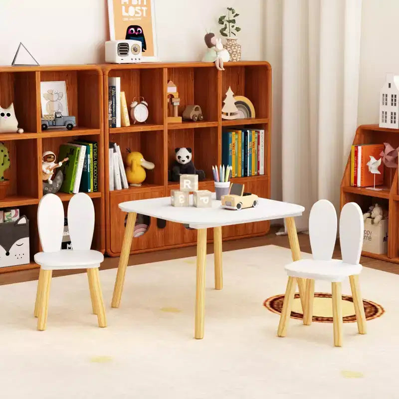 Set Tavolo e 2 Sedie per Bambini Etokfoks Design Orecchie di Coniglio Legno Massello Bianco Tavolo 60x60x44 cm Sedie 27x27x50 cm
