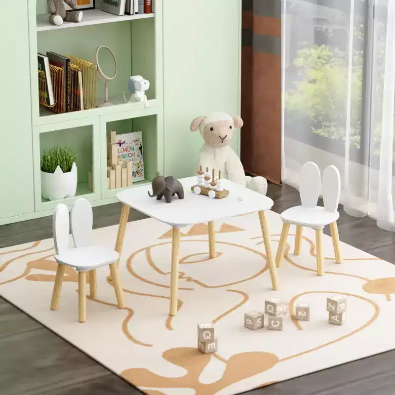 Set Tavolo e 2 Sedie per Bambini Etokfoks Design Orecchie di Coniglio Legno Massello Bianco Tavolo 60x60x44 cm Sedie 27x27x50 cm