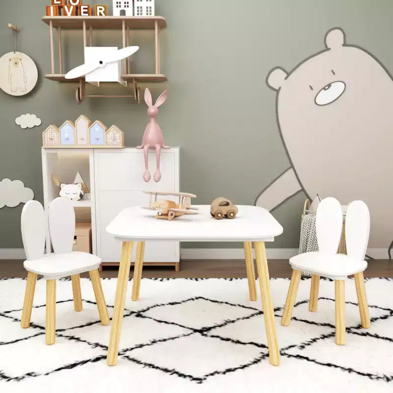Set Tavolo e 2 Sedie per Bambini Etokfoks Design Orecchie di Coniglio Legno Massello Bianco Tavolo 60x60x44 cm Sedie 27x27x50 cm