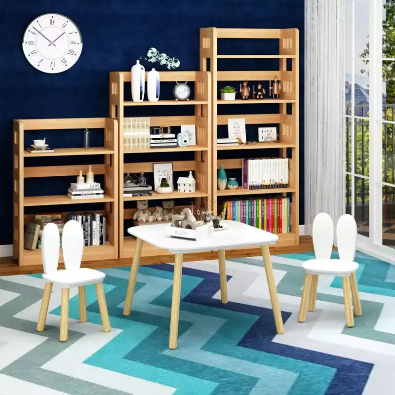 Set Tavolo e 2 Sedie per Bambini Etokfoks Design Orecchie di Coniglio Legno Massello Bianco Tavolo 60x60x44 cm Sedie 27x27x50 cm