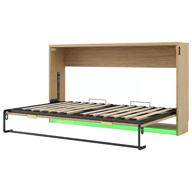 Letto a Scomparsa Twin XL con Luce LED, Letto a Scomparsa con Mobile a Parete in Legno Misura Twin XL, Naturale