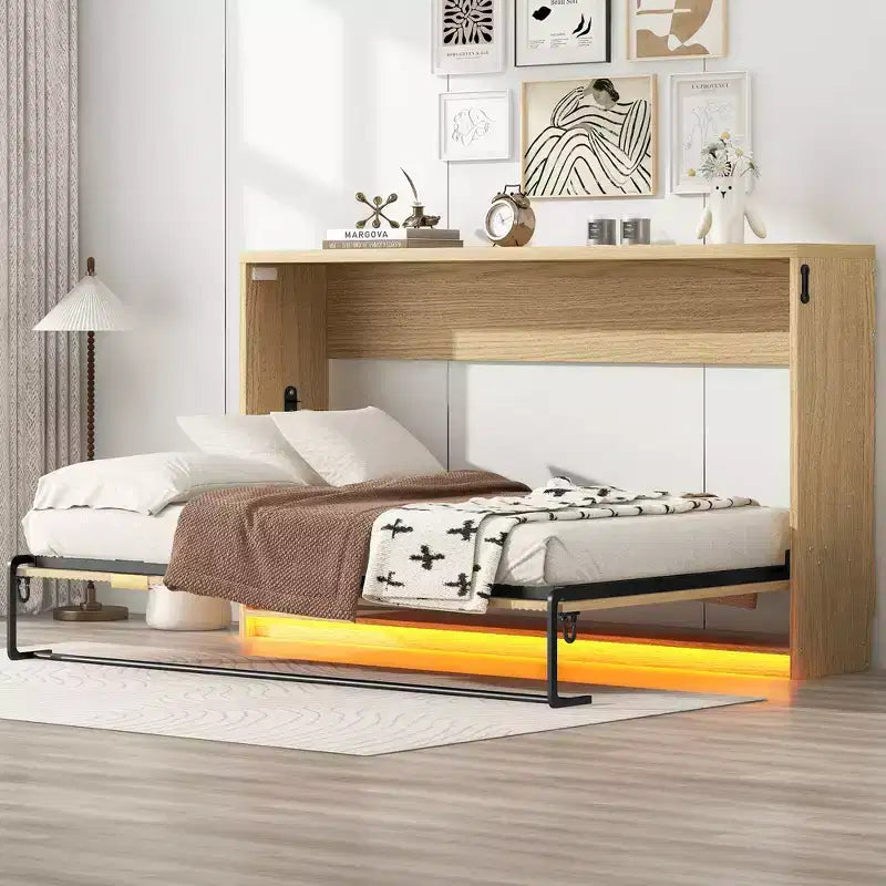 Letto a Scomparsa Twin XL con Luce LED, Letto a Scomparsa con Mobile a Parete in Legno Misura Twin XL, Naturale