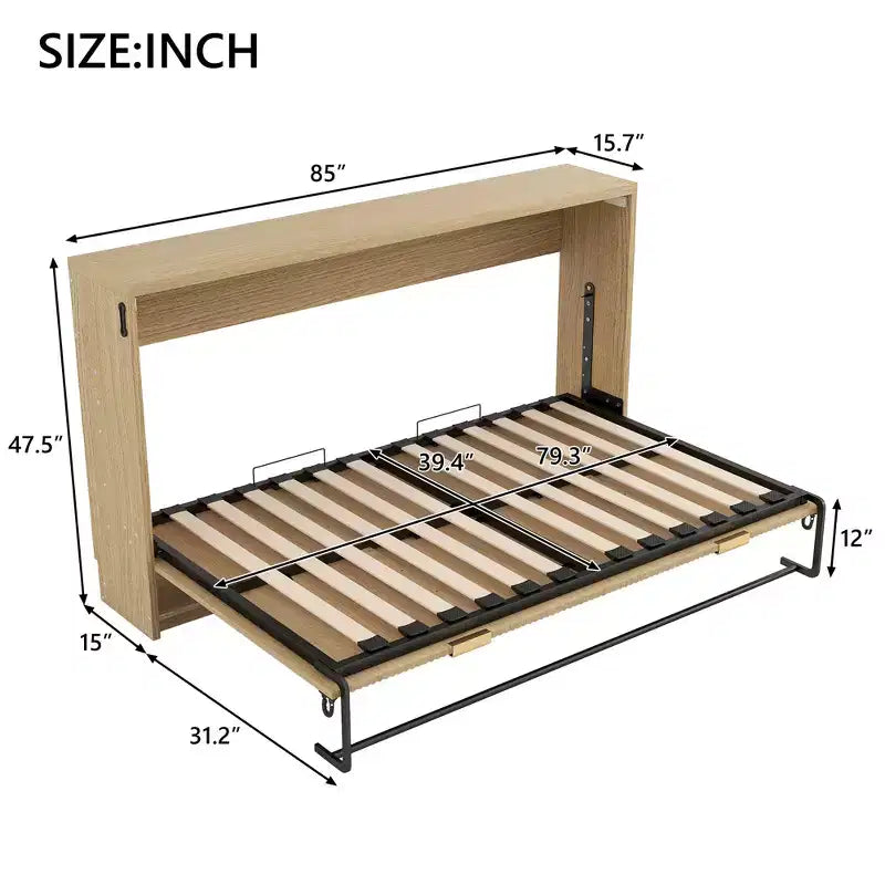 Letto a Scomparsa Twin XL con Luce LED, Letto a Scomparsa con Mobile a Parete in Legno Misura Twin XL, Naturale