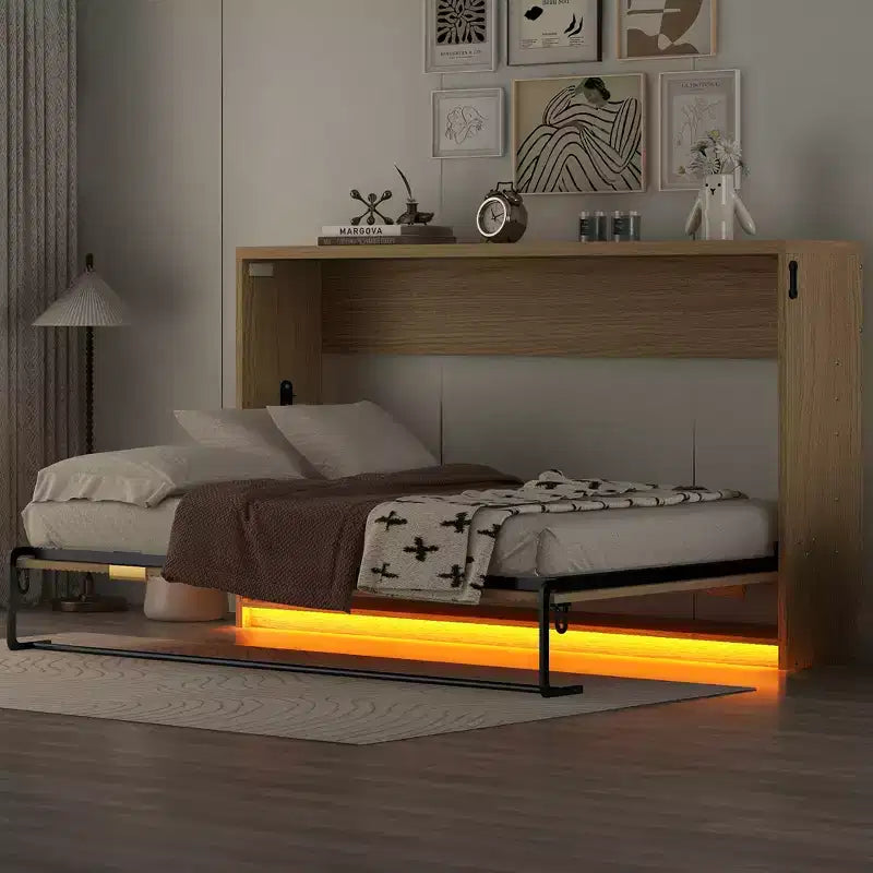 Letto a Scomparsa Twin XL con Luce LED, Letto a Scomparsa con Mobile a Parete in Legno Misura Twin XL, Naturale