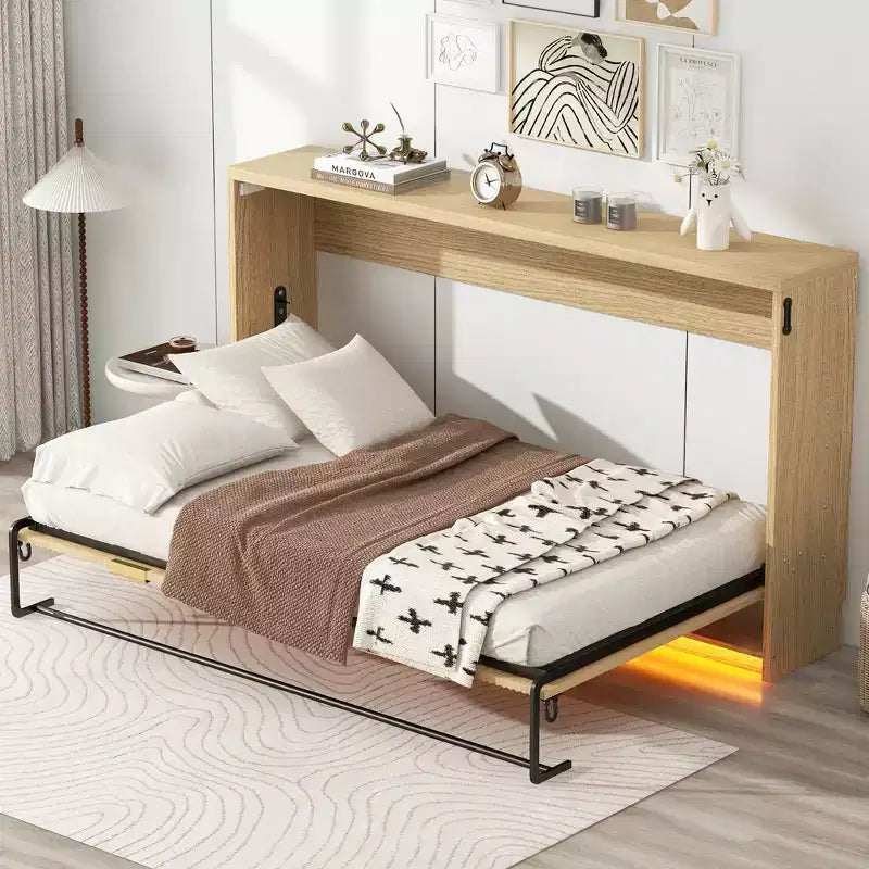 Letto a Scomparsa Twin XL con Luce LED, Letto a Scomparsa con Mobile a Parete in Legno Misura Twin XL, Naturale