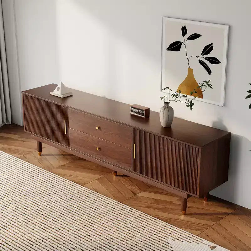 Mobile TV Mid-Century in Legno Naturale per TV da 50-80 pollici, Mobile Porta TV Moderno con 2 Armadietti e 2 Cassetti, Consolle Multimediale per Soggiorno