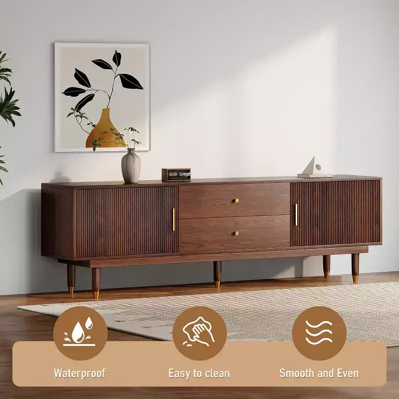 Mobile TV Mid-Century in Legno Naturale per TV da 50-80 pollici, Mobile Porta TV Moderno con 2 Armadietti e 2 Cassetti, Consolle Multimediale per Soggiorno