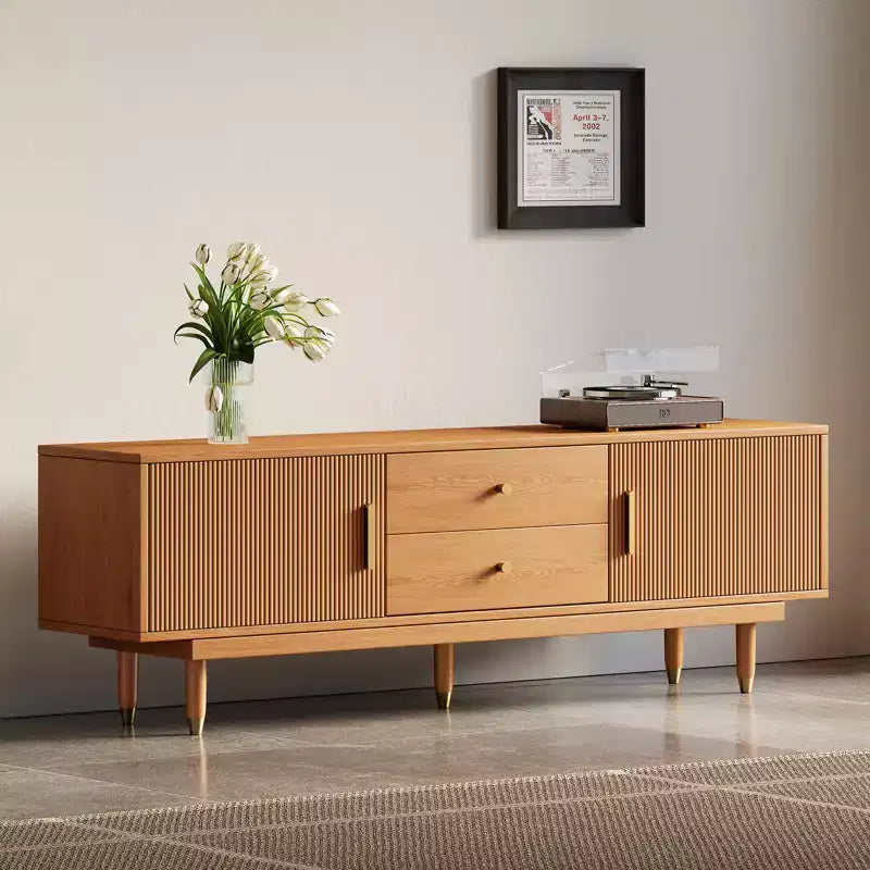 Mobile TV Mid-Century in Legno Naturale per TV da 50-80 pollici, Mobile Porta TV Moderno con 2 Armadietti e 2 Cassetti, Consolle Multimediale per Soggiorno