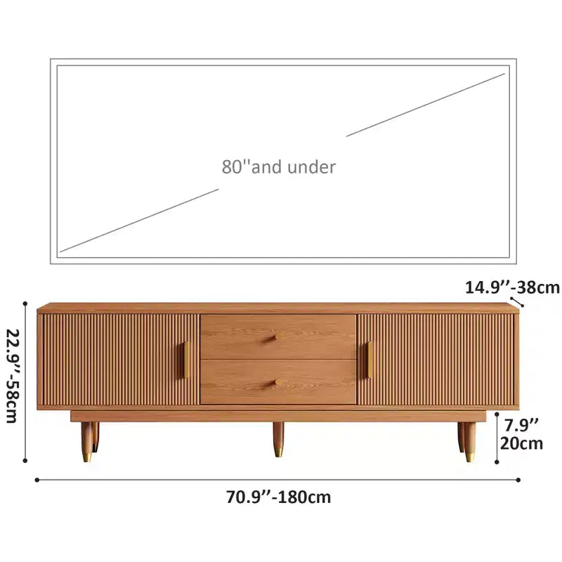 Mobile TV Mid-Century in Legno Naturale per TV da 50-80 pollici, Mobile Porta TV Moderno con 2 Armadietti e 2 Cassetti, Consolle Multimediale per Soggiorno
