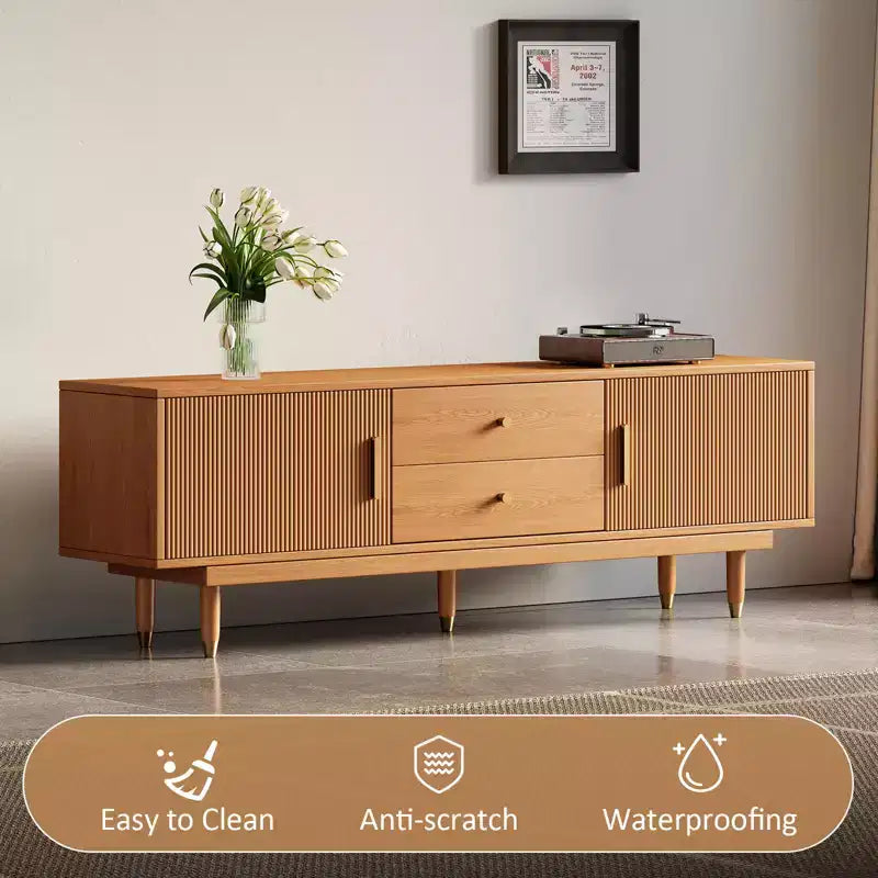 Mobile TV Mid-Century in Legno Naturale per TV da 50-80 pollici, Mobile Porta TV Moderno con 2 Armadietti e 2 Cassetti, Consolle Multimediale per Soggiorno