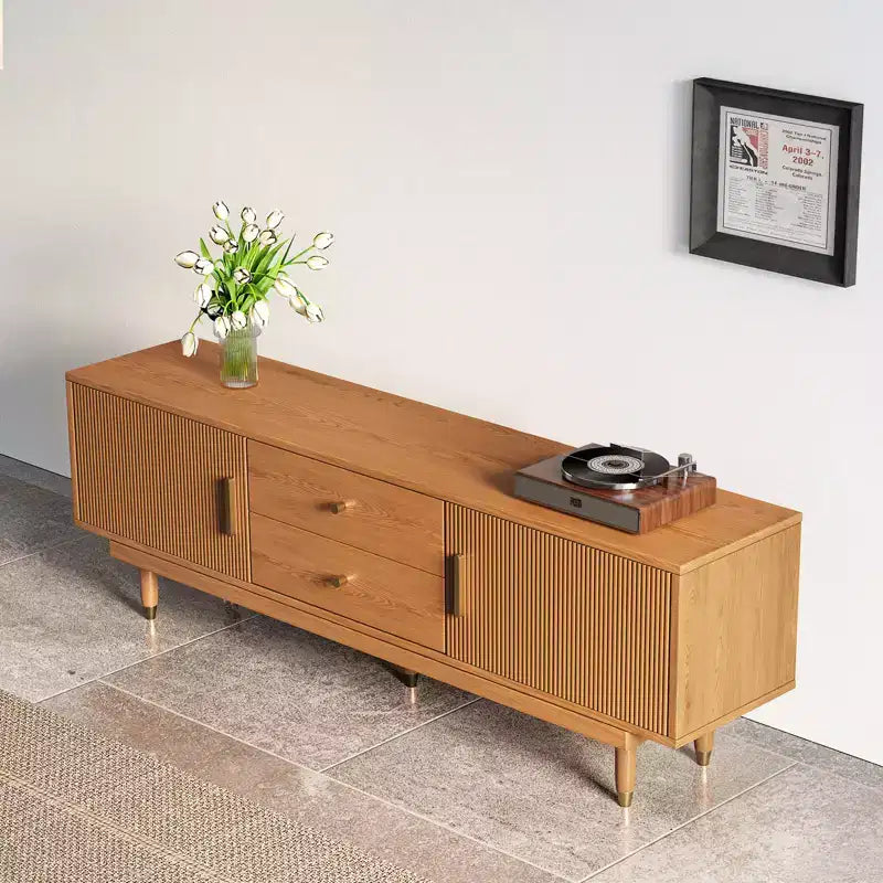 Mobile TV Mid-Century in Legno Naturale per TV da 50-80 pollici, Mobile Porta TV Moderno con 2 Armadietti e 2 Cassetti, Consolle Multimediale per Soggiorno