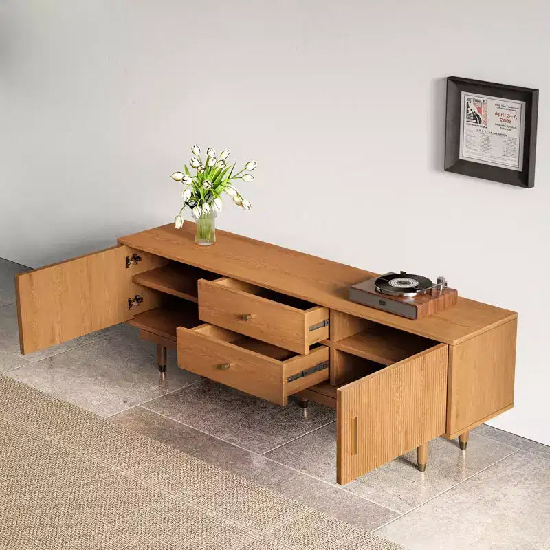 Mobile TV Mid-Century in Legno Naturale per TV da 50-80 pollici, Mobile Porta TV Moderno con 2 Armadietti e 2 Cassetti, Consolle Multimediale per Soggiorno