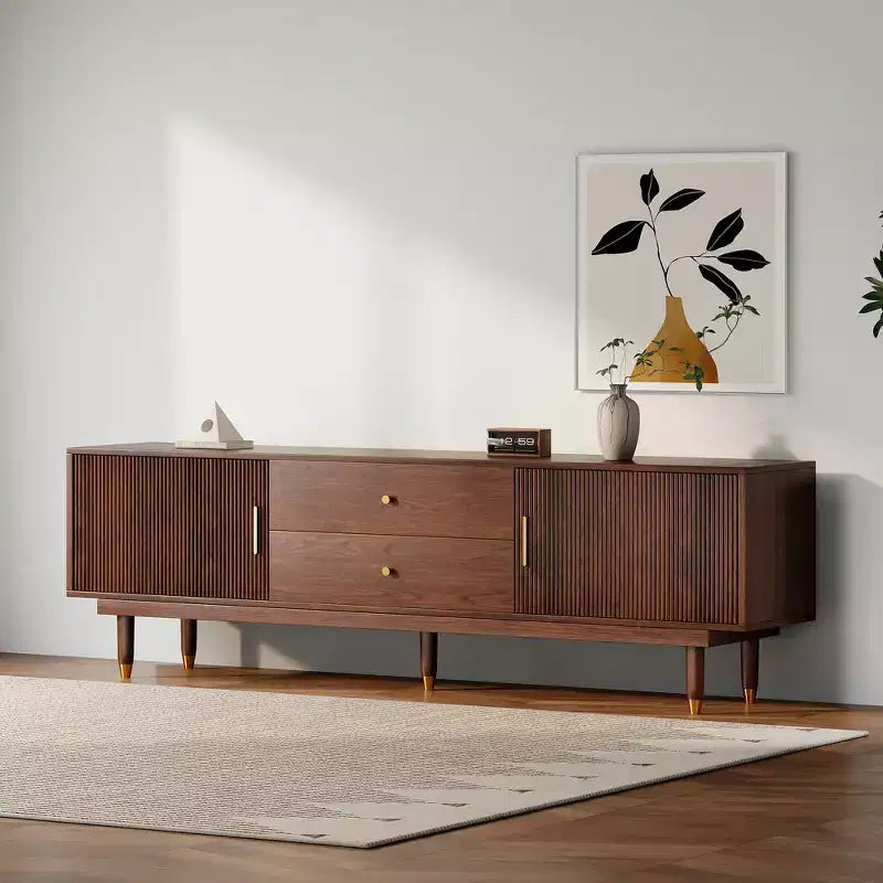 Mobile TV Mid-Century in Legno Naturale per TV da 50-80 pollici, Mobile Porta TV Moderno con 2 Armadietti e 2 Cassetti, Consolle Multimediale per Soggiorno