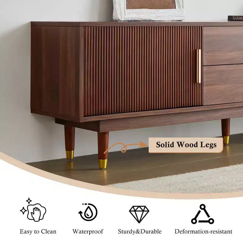 Mobile TV Mid-Century in Legno Naturale per TV da 50-80 pollici, Mobile Porta TV Moderno con 2 Armadietti e 2 Cassetti, Consolle Multimediale per Soggiorno
