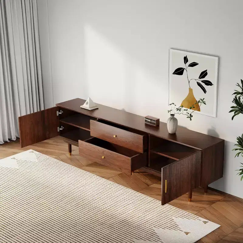 Mobile TV Mid-Century in Legno Naturale per TV da 50-80 pollici, Mobile Porta TV Moderno con 2 Armadietti e 2 Cassetti, Consolle Multimediale per Soggiorno