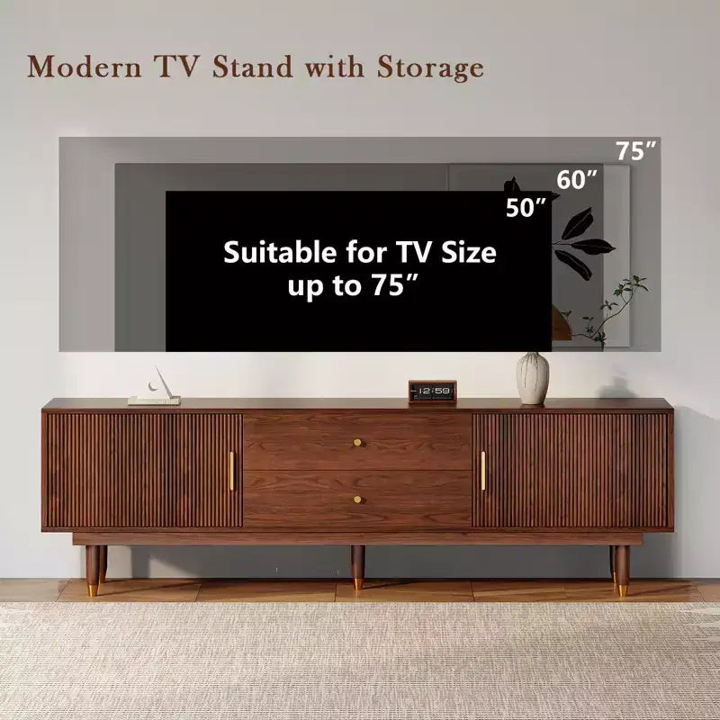 Mobile TV Mid-Century in Legno Naturale per TV da 50-80 pollici, Mobile Porta TV Moderno con 2 Armadietti e 2 Cassetti, Consolle Multimediale per Soggiorno