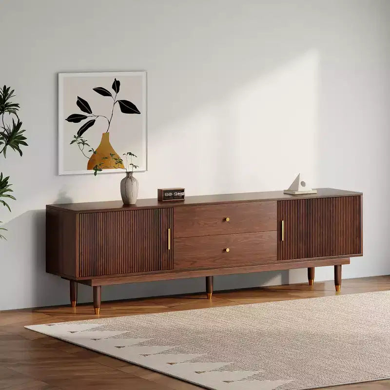 Mobile TV Mid-Century in Legno Naturale per TV da 50-80 pollici, Mobile Porta TV Moderno con 2 Armadietti e 2 Cassetti, Consolle Multimediale per Soggiorno
