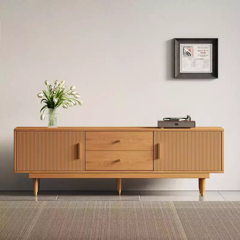 Mobile TV Mid-Century in Legno Naturale per TV da 50-80 pollici, Mobile Porta TV Moderno con 2 Armadietti e 2 Cassetti, Consolle Multimediale per Soggiorno