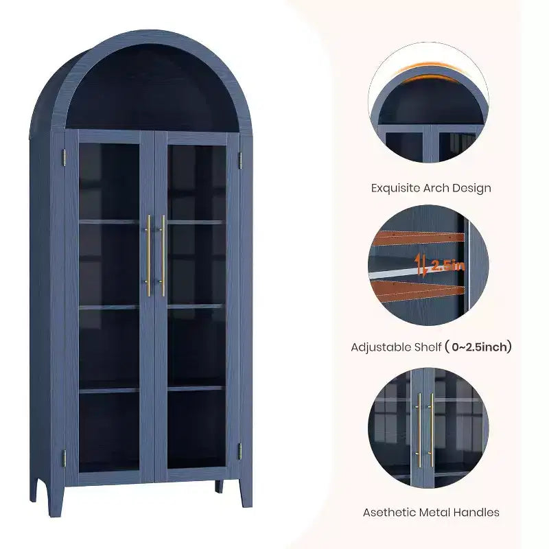 Armadietto da dispensa alto 63 pollici ad arco con ante in vetro, libreria moderna a 5 ripiani con ripiani regolabili, armadietto in legno in stile rustico