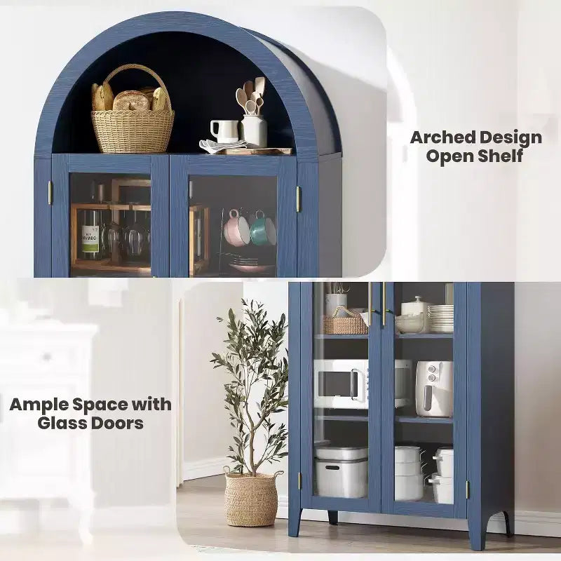 Armadietto da dispensa alto 63 pollici ad arco con ante in vetro, libreria moderna a 5 ripiani con ripiani regolabili, armadietto in legno in stile rustico
