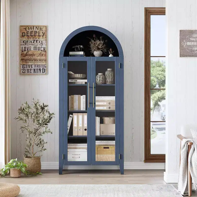 Armadietto da dispensa alto 63 pollici ad arco con ante in vetro, libreria moderna a 5 ripiani con ripiani regolabili, armadietto in legno in stile rustico