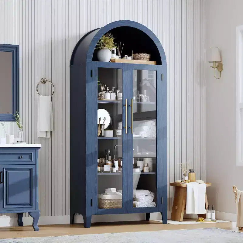 Armadietto da dispensa alto 63 pollici ad arco con ante in vetro, libreria moderna a 5 ripiani con ripiani regolabili, armadietto in legno in stile rustico