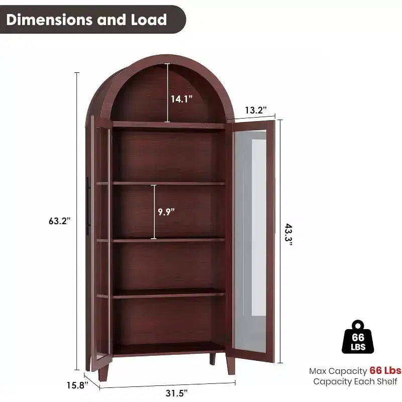 Armadietto da dispensa alto 63 pollici ad arco con ante in vetro, libreria moderna a 5 ripiani con ripiani regolabili, armadietto in legno in stile rustico