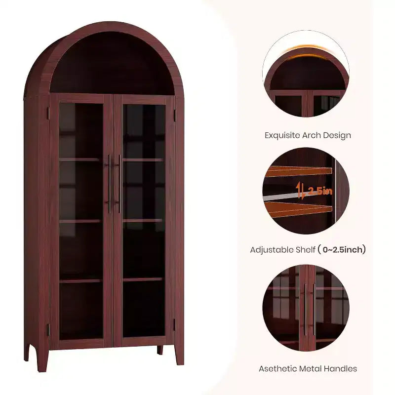 Armadietto da dispensa alto 63 pollici ad arco con ante in vetro, libreria moderna a 5 ripiani con ripiani regolabili, armadietto in legno in stile rustico