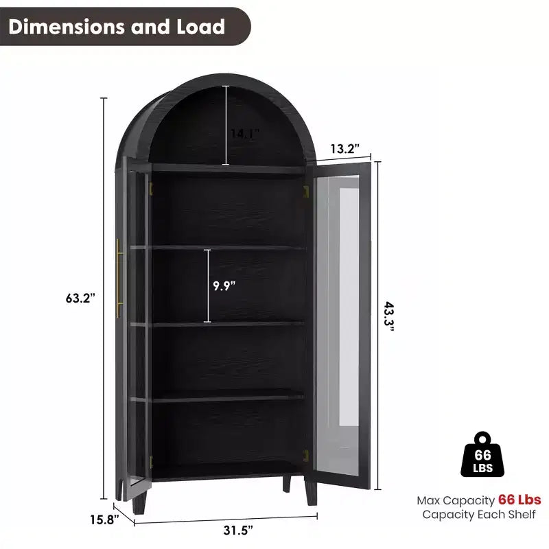 Armadietto da dispensa alto 63 pollici ad arco con ante in vetro, libreria moderna a 5 ripiani con ripiani regolabili, armadietto in legno in stile rustico