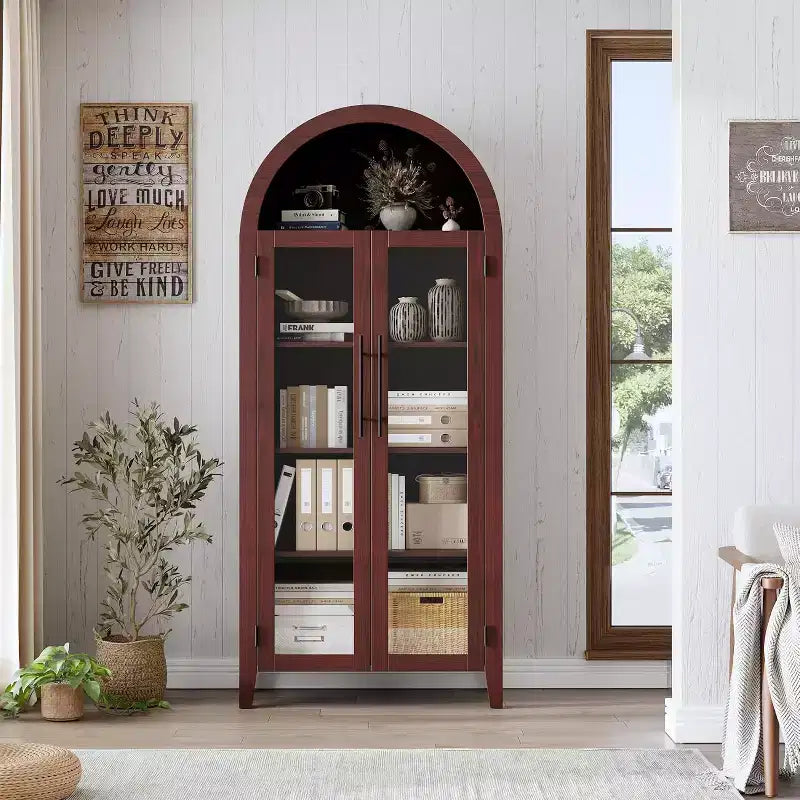 Armadietto da dispensa alto 63 pollici ad arco con ante in vetro, libreria moderna a 5 ripiani con ripiani regolabili, armadietto in legno in stile rustico